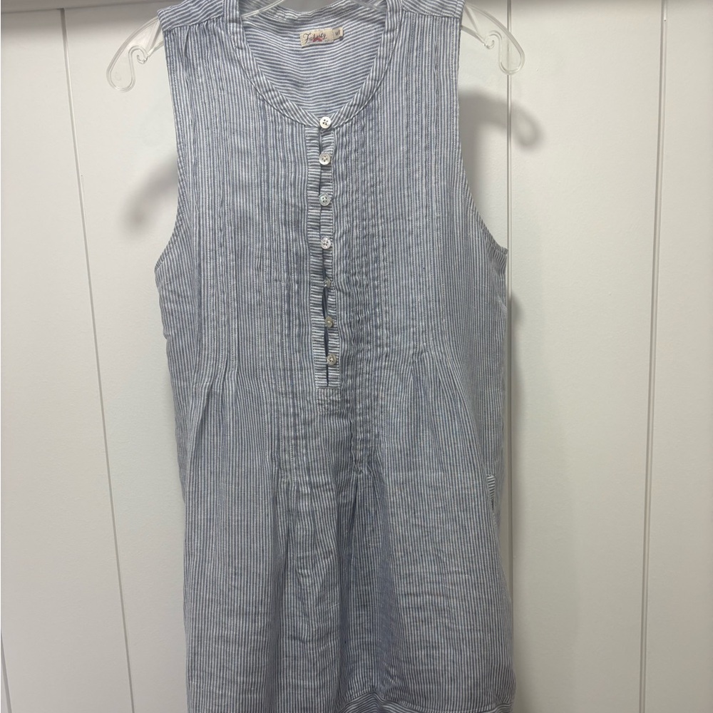 Faherty Blue and White Striped Sleeveless Shirt Dress